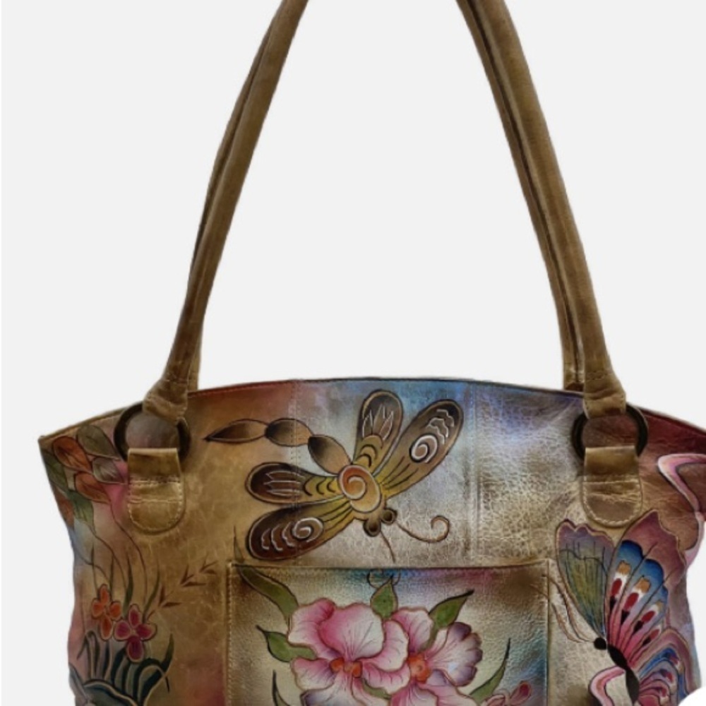 VTG Anuschka Hand Paint Flower Butterflies Leather Double Strap HandBag Satchel - Picture 2 of 12
